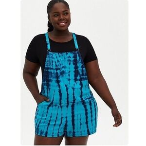 Torrid 3.5” Stretch Linen Blend Shortall Turquoise‎ Tie Dye 3X